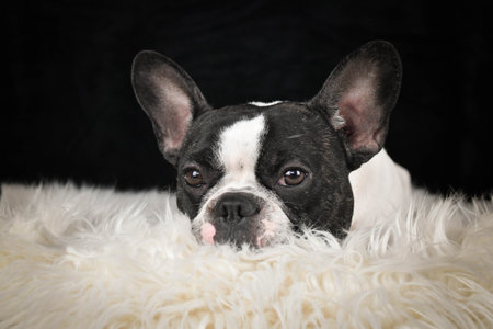 French Bulldog lying on a fluffy white rug against a black background, looking calm and relaxed.の写真素材