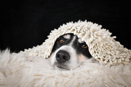 Dog lying on a fluffy blanket with a soft rug over its head, looking calm and cozy.の写真素材