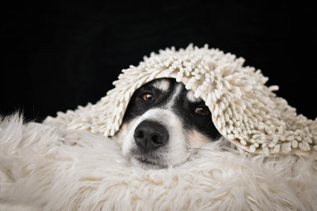 Border Collie lying on a fluffy blanket with a soft rug over its head, looking calm and cozy.