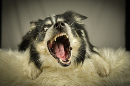 Border Collie lying on a rug, focused expression while watching and catching a treat.の写真素材