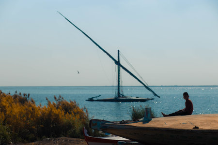 Person sitting on a boat on the shore of the seaの写真素材