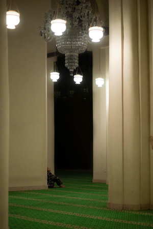 Interior of a mosque with light bulbs, arabic architectureの写真素材