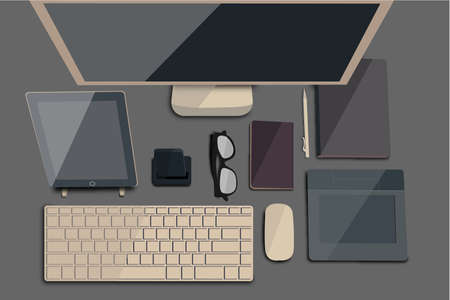 Top view workspace illustrations. Top view laptop, smartphone, diary, graphics tablet, Work desk for office with stationery elements on the table.のイラスト素材