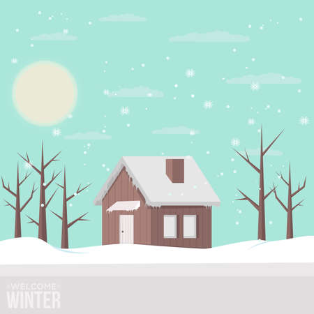 Welcome winter. Winter snowy landscape with houses and trees. Flat vector illustration. Detailed house design.のイラスト素材