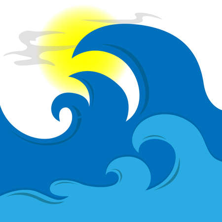 Vintage style waves and sun vector. Surf ocean wave and palm, tree in color vintage style illustrationのイラスト素材