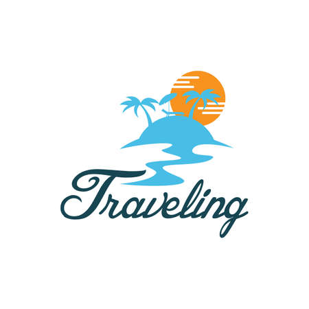 Summer beach with palm trees seasonal travel logo design design comcept illustrationのイラスト素材