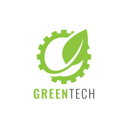 Green eco technology logo vector design image illustraton. Friendly green nature  technology logo with gear and leaf image vectorのイラスト素材