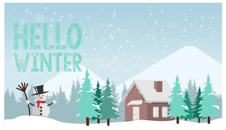 Vector illustration of a winter landscape background banner design. Winter fields landscape with falling snow illustration design imageのイラスト素材