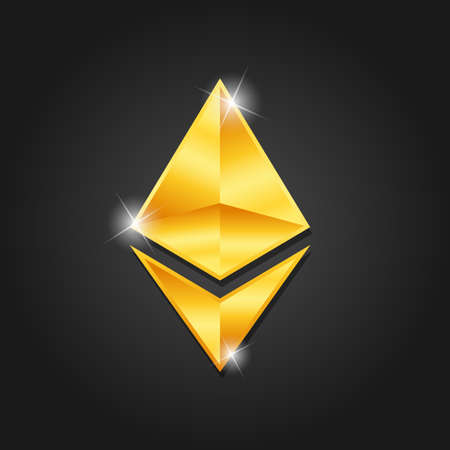 Golden shiny Ethereum icon badge symbol vector image. Golden digital cryptocurrency coin. Electronics finance money symbol.のイラスト素材