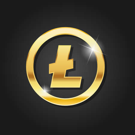 Golden shiny litecoin icon badge symbol vector image. Golden digital cryptocurrency coin. Electronics finance money symbol.のイラスト素材