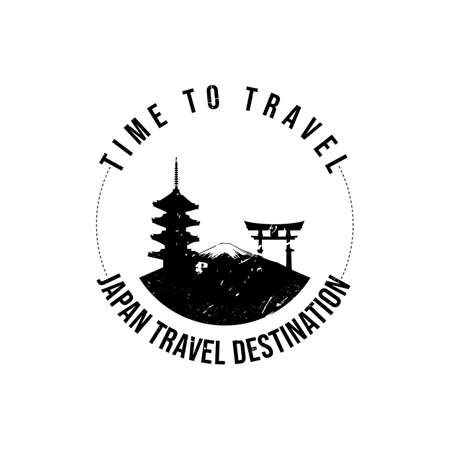Grunge rubber stamp with the text Japan travel destination written inside the stamp. Time to travel. Silhouette of fuji mount and temple Japan historical vector image. Japan travel destination grunge rubber stamp vectorのイラスト素材