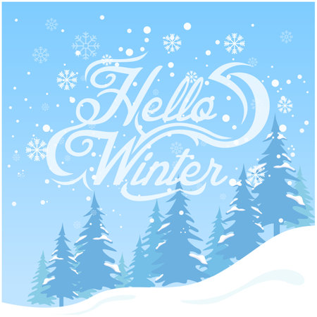 Hello winter. Flat design hello winter background vector image. Winter landscape illustration.のイラスト素材