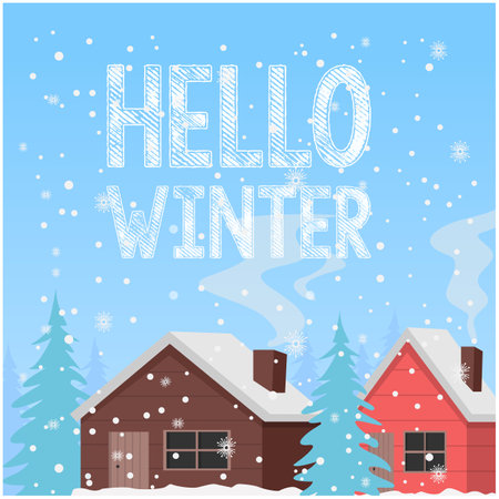 Hello winter. Flat design hello winter background vector image. Winter landscape illustration.のイラスト素材