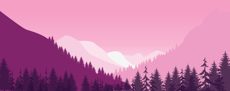 Vector illustration of a beautiful panoramic view. Mountains in fog with forest. Vector nature...