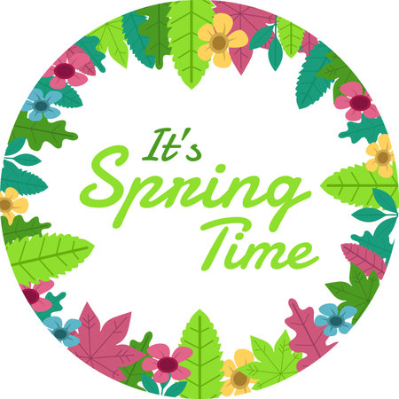 Hello spring circle frame greeting card vector image. Wreath colorful floral Spring flowers and leafs.のイラスト素材