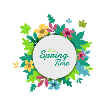 Spring floral background in circular frame with butterflies and flowers vector illustration design. Spring circle frame greeting card and flowers decoration.のイラスト素材
