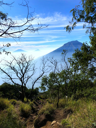 Hiking slope on Mount Sindoro, Indonesia, The peak of the Sumbing mountain can be seen in the...