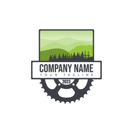 Mountain Bike Community Logo. Extreme mountain bike logo design gear mountain concept for the bicycle communityのイラスト素材