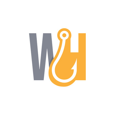 Initial two letter W and H for fishing company logo. Combination of latter W and H with some hook icon in yhe middle in negative space styleのイラスト素材