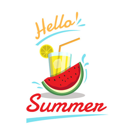 hello summer season holiday with orange cocktail and watermelon Free Vector. Hello summer text with fruit drink and watermelon, elements for tropical season fresh nature coolers. Vector illustrationのイラスト素材