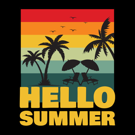Summer beach logo vector illustration. Vector illustration of summer beach logo, sunset logo, mountains, coconut trees, for t-shirts and other usesのイラスト素材