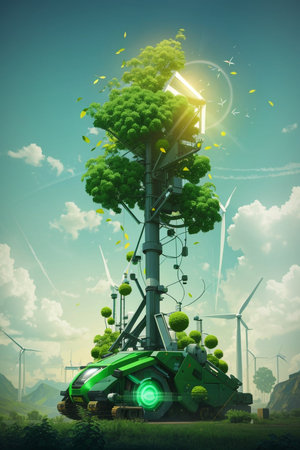 Harmony of Nature and Technology: A Vision of Green Energy on Earth, Made with Generative AIの素材