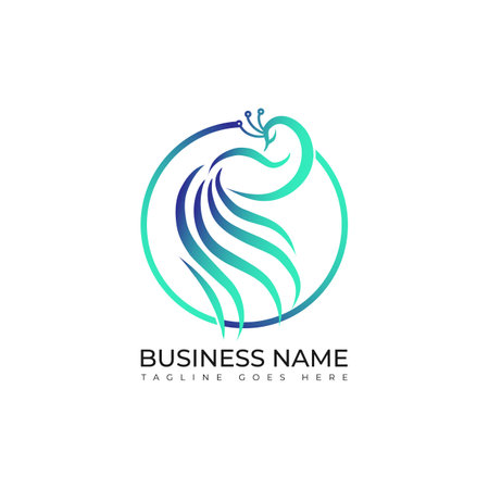 Peacock gradient color logo design vector image. Abstract peacock bird inside of circle shape icon or lineのイラスト素材