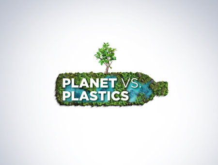 Planet vs. Plastics , Earth day 2024 concept 3d tree background. A bottle of water with a green...