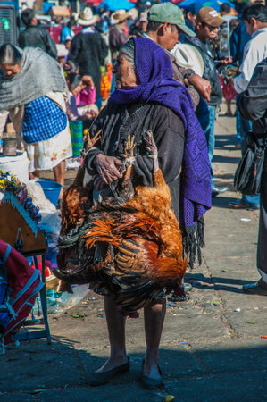 An old market woman selling chickensのeditorial素材