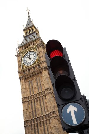 Big Ben with red traffic light