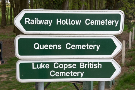 Roadside direction signs for the many Commonwealth War Graves on the Serre Road where many died during the first days of the Somme offensive attacking nearby Serre a German stronghold のeditorial素材
