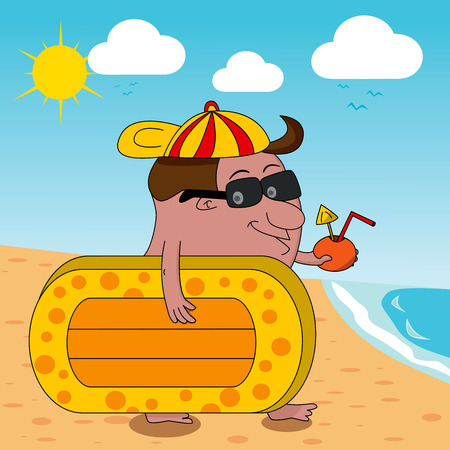 Man heading for beach with airbed and drinkのイラスト素材