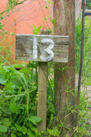 Wooden sign giving garden plot numberの写真素材