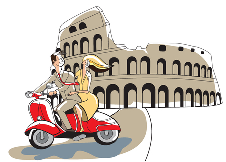 Young retro syled couple on motor scooter Colosseum Romeのイラスト素材