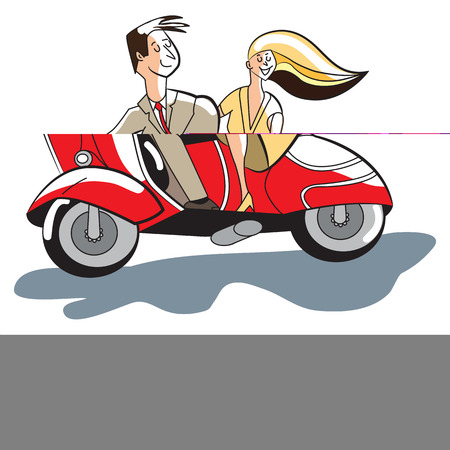 Retro styled flat illustration of young couple riding a motor scooter.のイラスト素材
