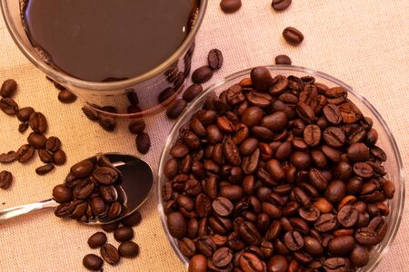 coffee and coffee beans on vintage backgroundの写真素材