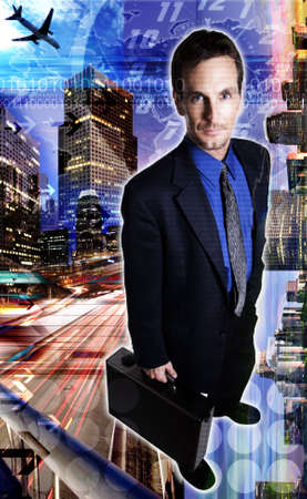 Composite / photo-illustration of a businessman and downtown Los Angeles during rush hour.の写真素材
