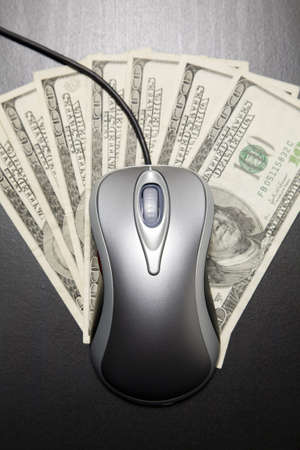 Metallic color computer mouse placed on $100 dollar billsの写真素材