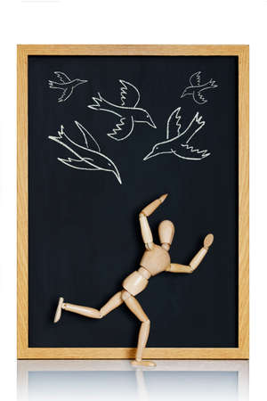 Manikin, anatomical model, placed on a chalkboard with birds drawn on it の写真素材