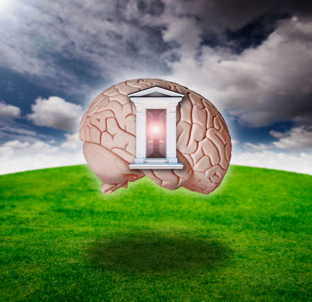 Digital composite of an open door on a brain model