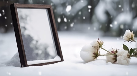 A mirror frame place on the middle of the snow forest with a beautiful white flower and a copy space,Snow falling in tne nature winter seasons, white flower in the snowy rain,snow forest mockupの素材