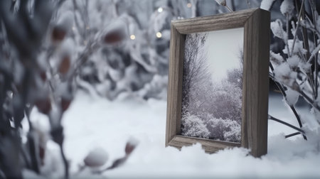 A photo frame place on the middle of the snow forest with a beautiful white flower and a copy space,Snow falling in tne nature winter seasons, white snow flake in the snowy rain,snow forest mockupの素材