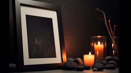 Photo frame mockup with a candle on the table against dark background,A candle light reflect and a black rock minimal dark tone,sadness mystery decorate for photo frame.の素材