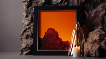 Photo frame mockup with a candle on the ground against rock background,A candle light reflect and a black rock minimal dark tone,sadness mystery decorate for photo frame.の素材