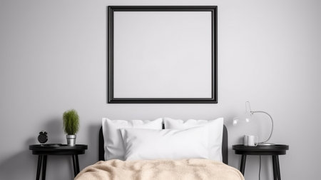 blank Framed poster mockup above double-size bed with almost empty furniture of minimal grey-white tone, A comfortable bedroom with a small plant and lamp, and A mockup for Abstract Art.の素材