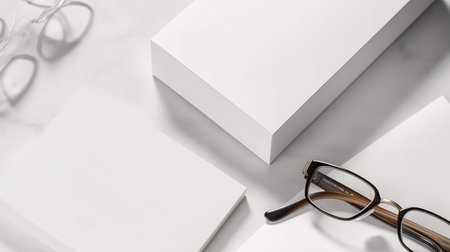 White carton product box set mockup for grasses product, a Premium package of white plain decorate with grasses, Top view white background studio shot, A plain box packaging for the delivery product.の素材