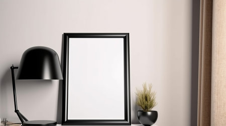 A blank white photo frame mockup with a lamp and small plant on the table, A minimal simple tone of photo frame look woden and cozy in a living room decorate,sad and simple mood backgroundの素材