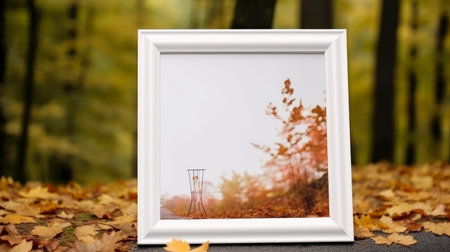 A mockup photo frame in autumn forest ,A fantasy mockup for autumn seasons,beautiful photo frame middle of the forest,Background nature forest orange tone mood,romantic sad natural photo.の素材
