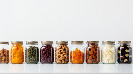 A row of glass jars filled with assorted dried fruits, perfect for snacking.の素材