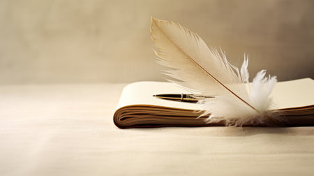 A feather quill pen and a fountain pen on a notebook. This image shows a vintage and elegant scene of a white feather quill pen and a black fountain pen resting on an open notebook with blank pages. The background is a beige fabric with a subtle texture. The image has a watermark.の素材
